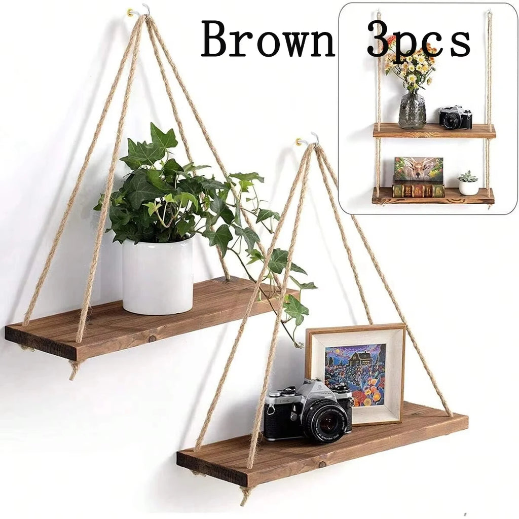 Hanging shelf made of natural wood with hemp rope