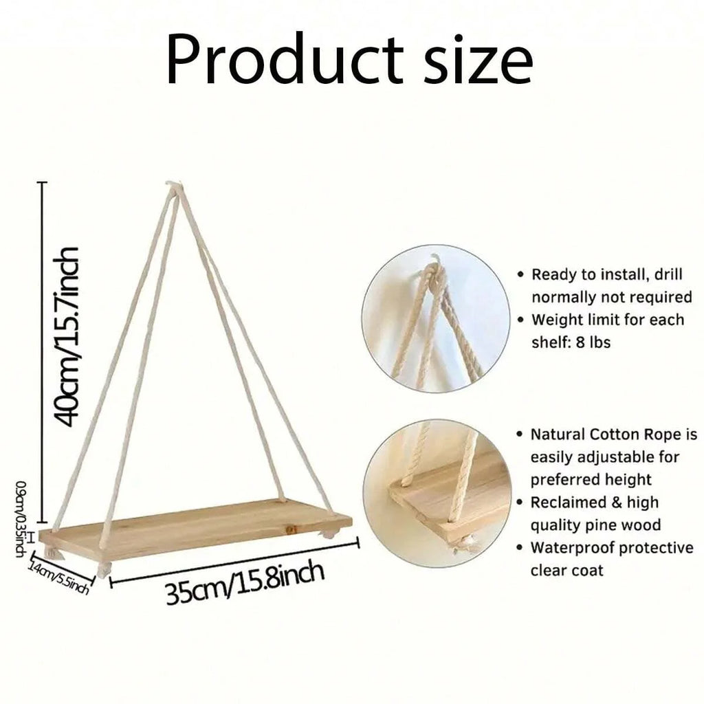 Hanging shelf made of natural wood with hemp rope