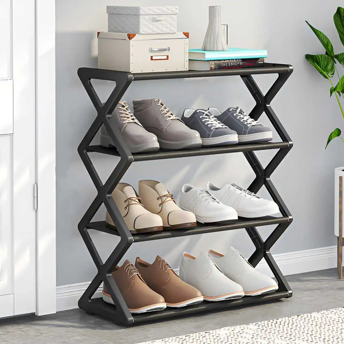 Kompaktes Schuhregal mit einzigartigem X-Rahmen