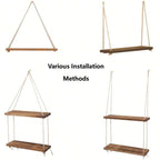 Hanging shelf made of natural wood with hemp rope