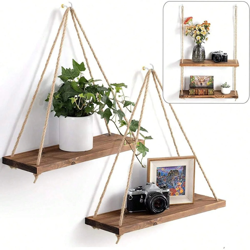 Hanging shelf made of natural wood with hemp rope