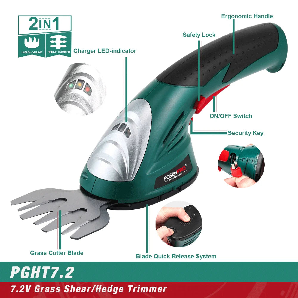 POSENPRO 2-in-1 Akku-Grasschere und Heckenschere