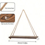 Hanging shelf made of natural wood with hemp rope