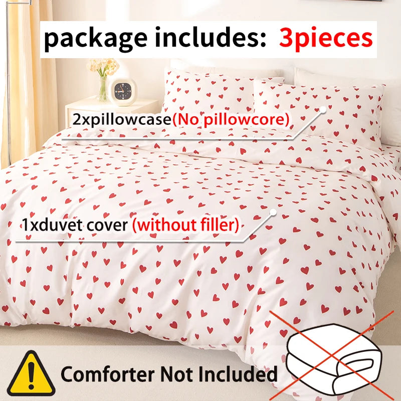 3-teiliges Bettwäsche-Set mit roten Herzen